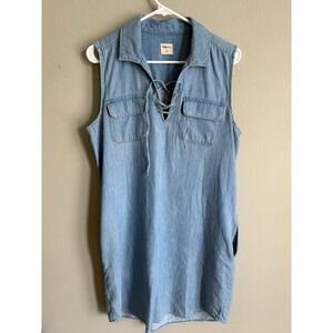 Gap 1969 Womens Blue Lace Up Pockets Chambery Rustic Short Shift‎ Dress Size M